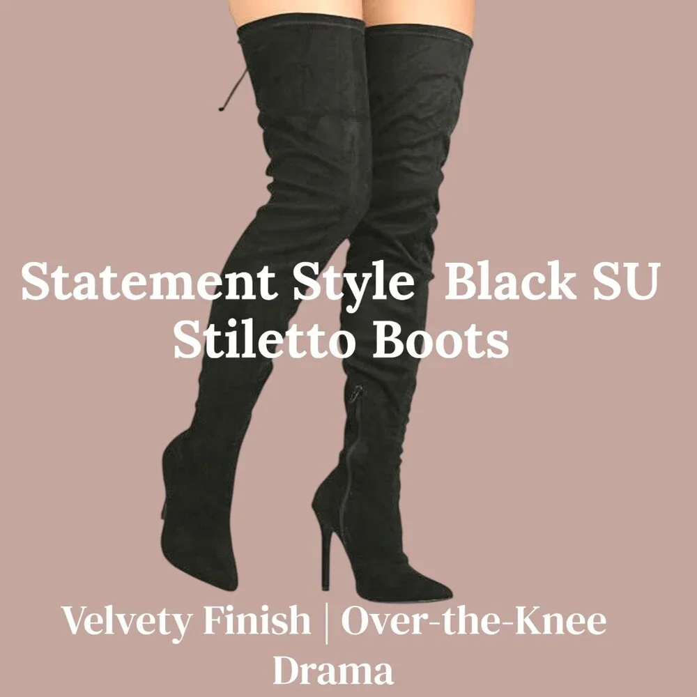 🖤 Statement Style Pointed Toe Thigh-High Silhouette Black SU Stiletto Boots